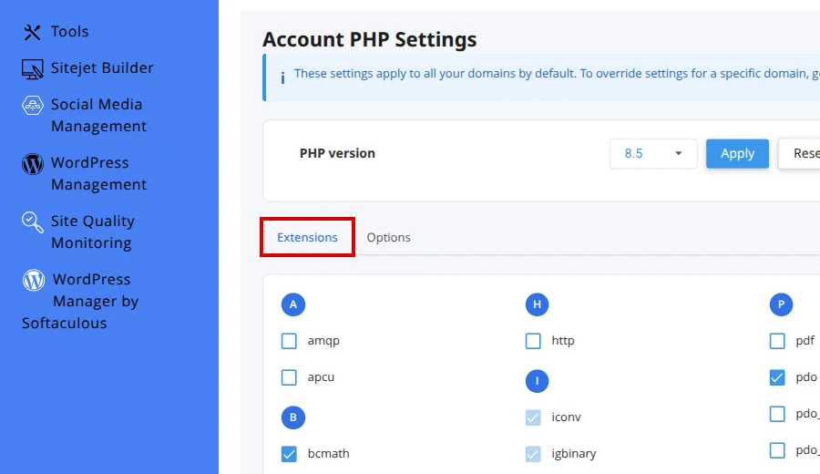 Review PHP version and the Extensions tab