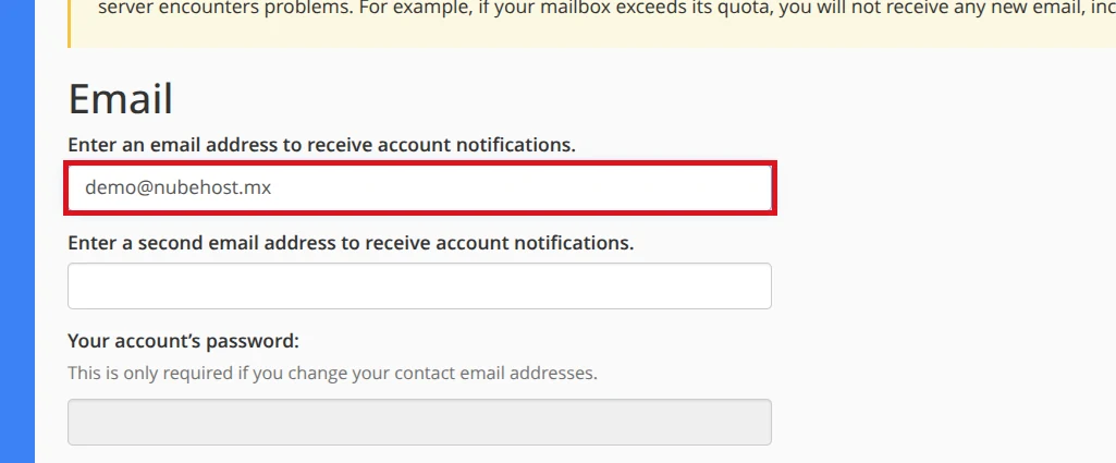 Enter the main notification email in cPanel