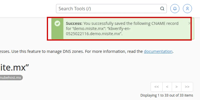 Confirm cPanel saved the CNAME record