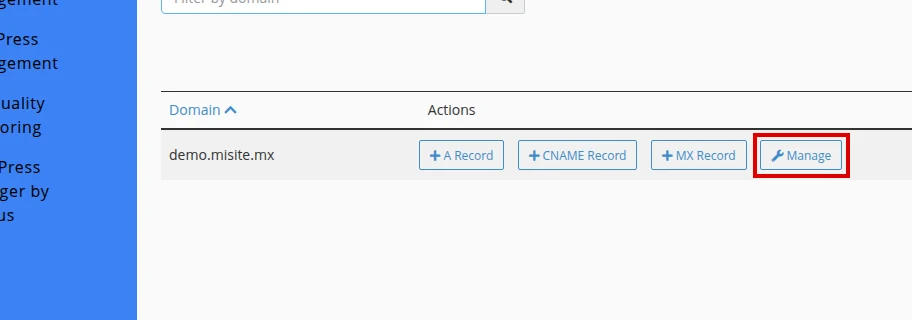 Click Manage for the domain