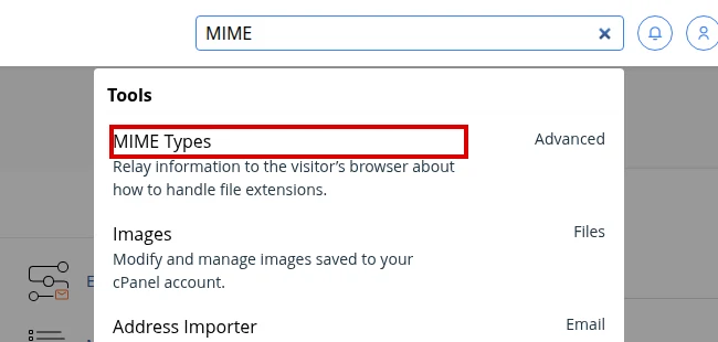 Find MIME Types in the cPanel search results