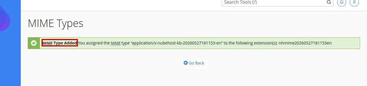 MIME Type Added confirmation in cPanel