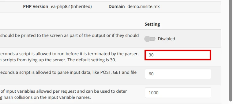 Edit the max_execution_time field in Basic Mode