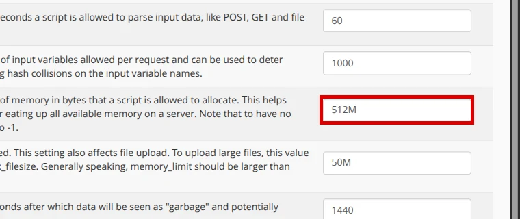 memory_limit field selected in MultiPHP INI Editor