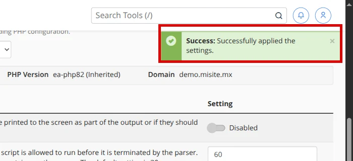Settings successfully applied confirmation in cPanel