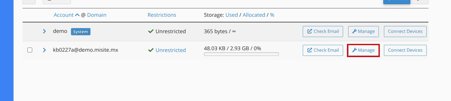 Manage button for an email account in cPanel