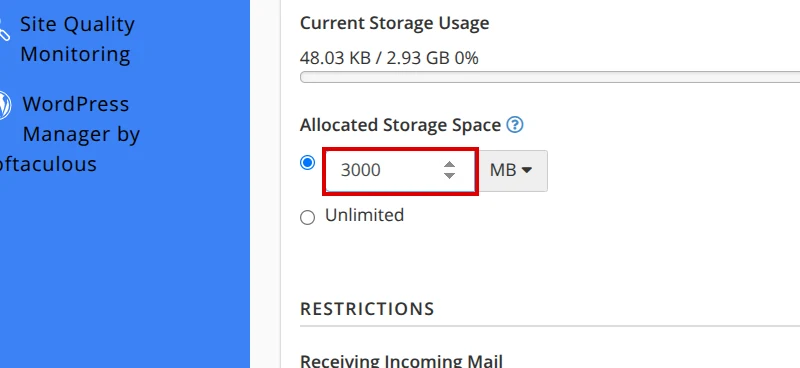 Allocated Storage Space field in cPanel