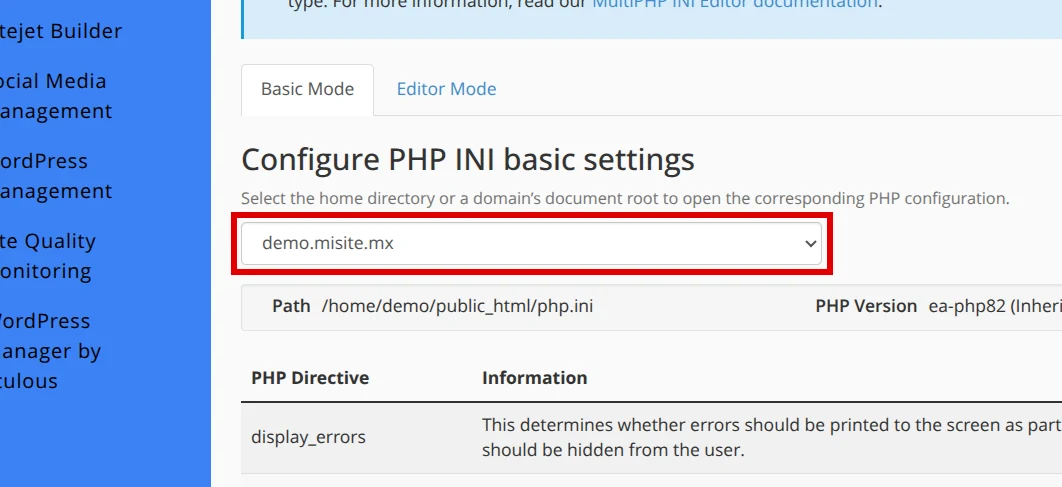 Select the domain in MultiPHP INI Editor Basic Mode
