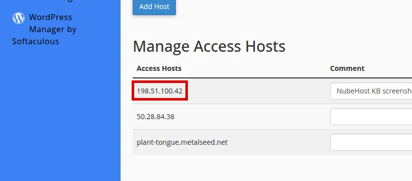 Confirm the allowed IP address in Manage Access Hosts