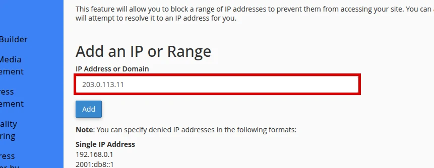 Add an IP or range in IP Blocker