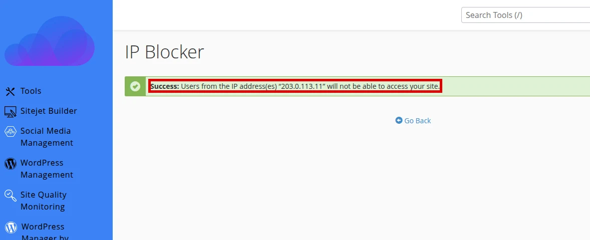 Confirm the success message after blocking the IP