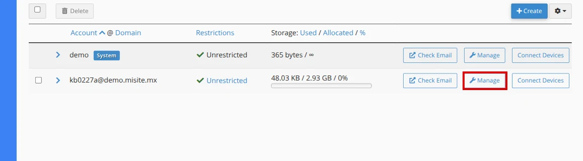 Manage button for an email account in cPanel
