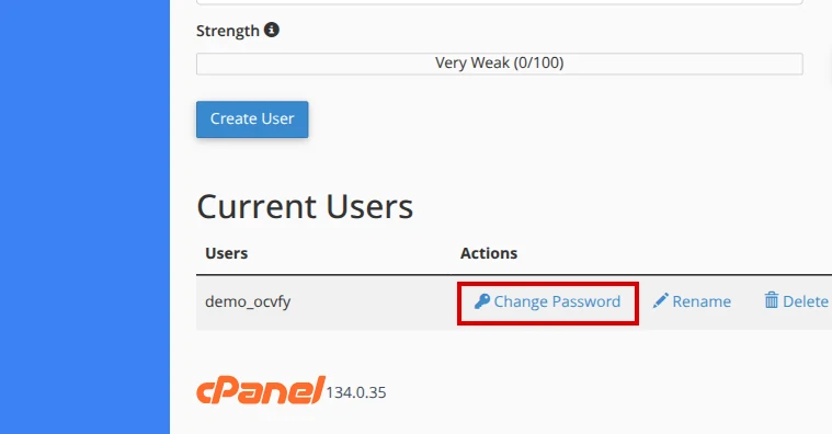 Find Change Password under Current Users in cPanel