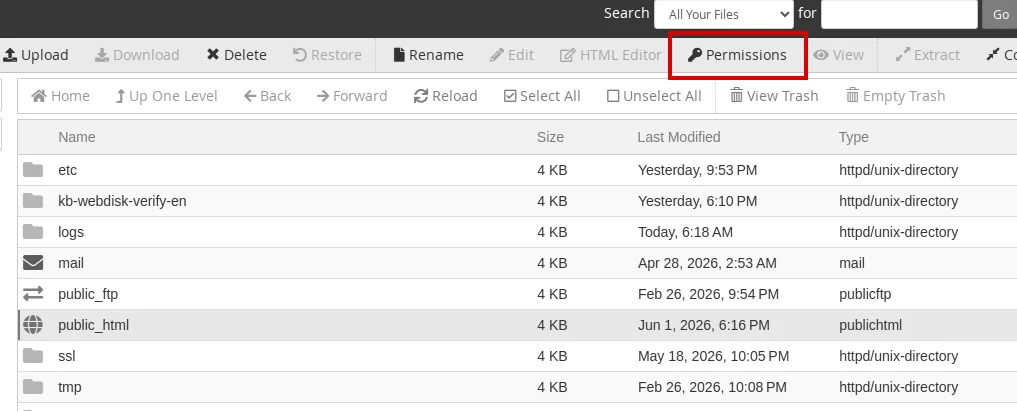 Select public_html and open Permissions in File Manager