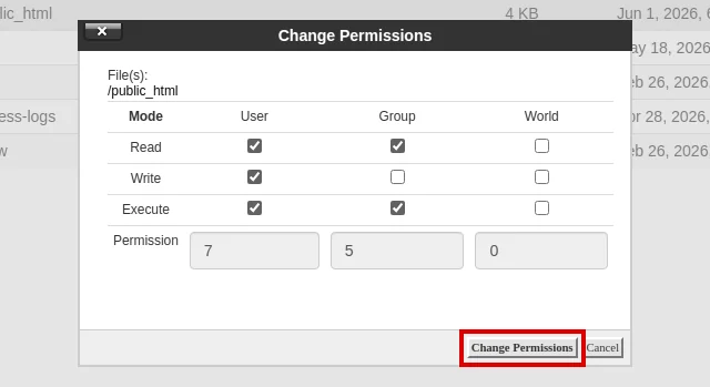 Review the Change Permissions dialog in cPanel