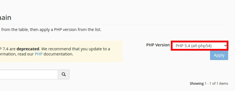 Select the PHP version in MultiPHP Manager