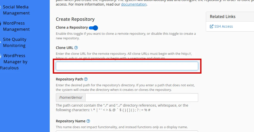 Fill in the clone repository fields in cPanel