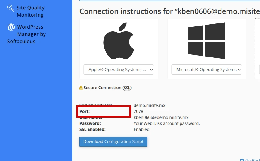Review the secure Web Disk connection details