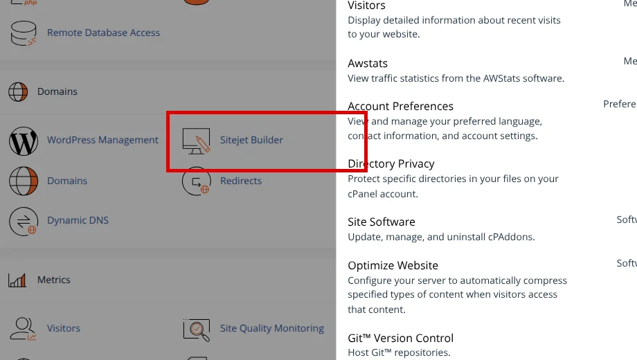 Find Sitejet Builder in cPanel