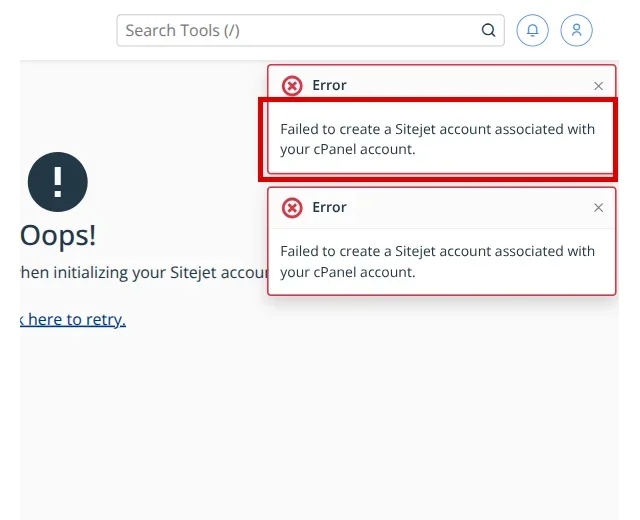 Sitejet account initialization error in cPanel