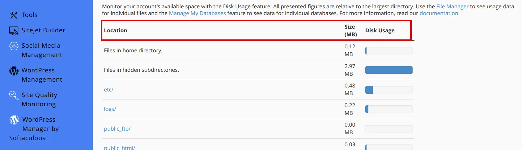 Disk Usage table with location, size, and usage bars in cPanel