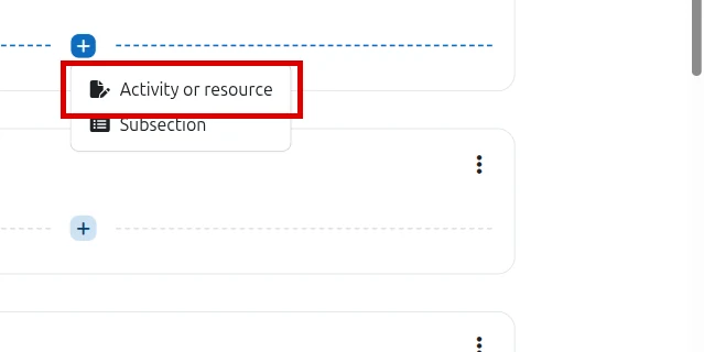 Activity or resource option highlighted in English Moodle
