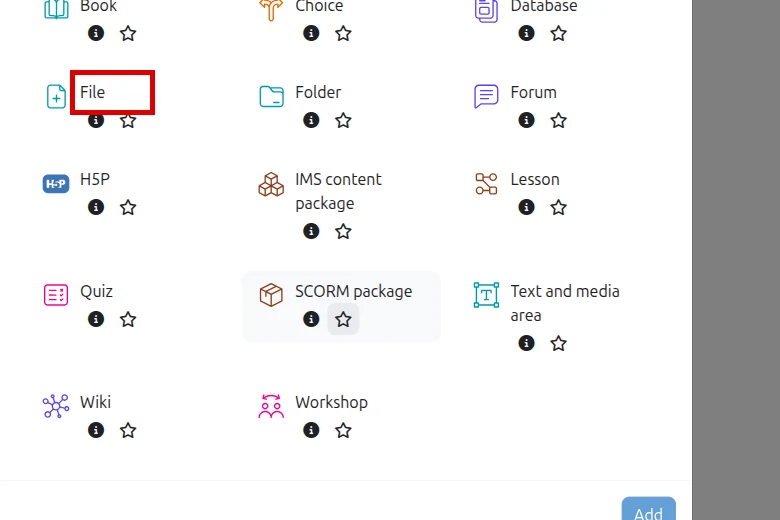 File resource highlighted in the Moodle Add an activity or resource window in English
