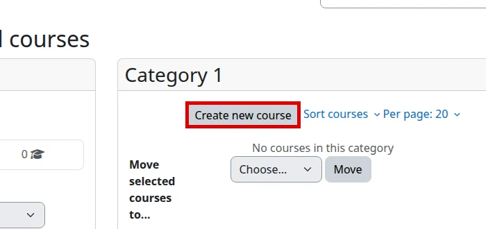 Create new course button in English Moodle