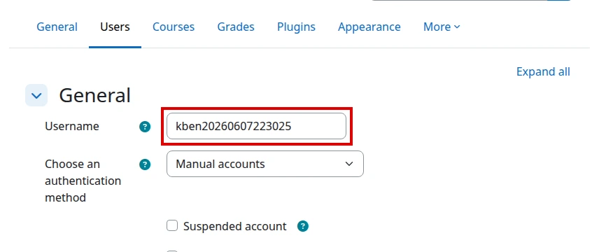 Field Username in the Moodle Add a new user form in English