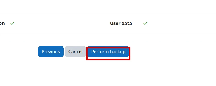 Perform backup button highlighted in Moodle