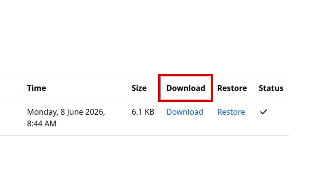 Download link highlighted in the Moodle course backup area